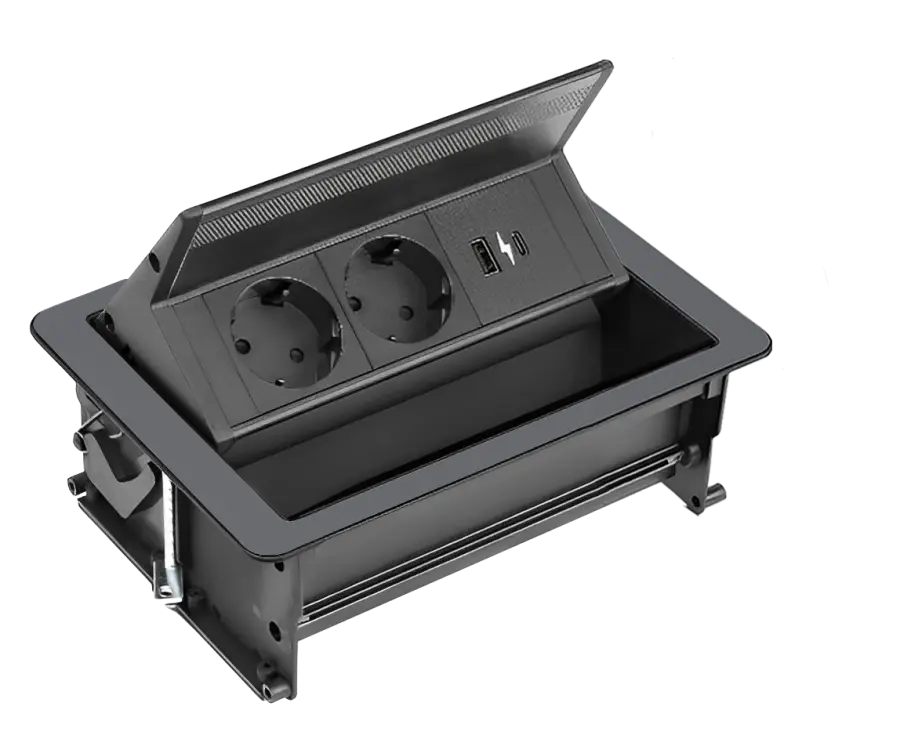 MCV 2E1U černé / Výklopné multimediální centrum, černé, 3-zásuvkové (2 zásuvky, 1 USB/ USB-c)